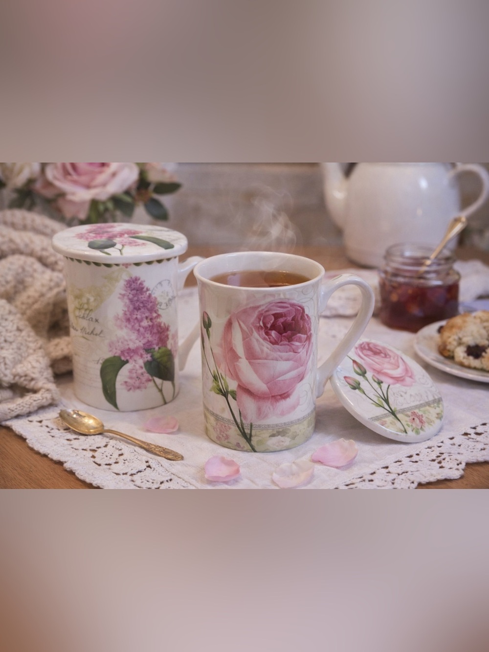 Kent Pottery Bone China Lidded Tea Mugs Set of 2 Pink Rose & Lilac Floral Cups - Picture 2 of 4